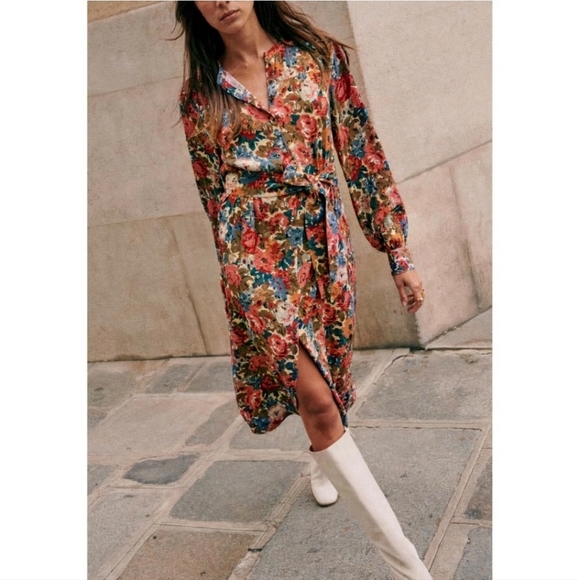 Sezane Alix Midi Multicolor Floral Long Sleeve Dress
